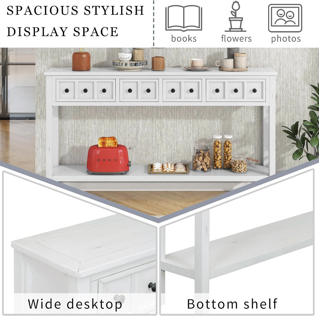 Merax Farmhouse Entryway Console Table with Storage Drawers, Wood Sofa Table Behind Couch with Shelf, for Hallway Foyer, Antique White