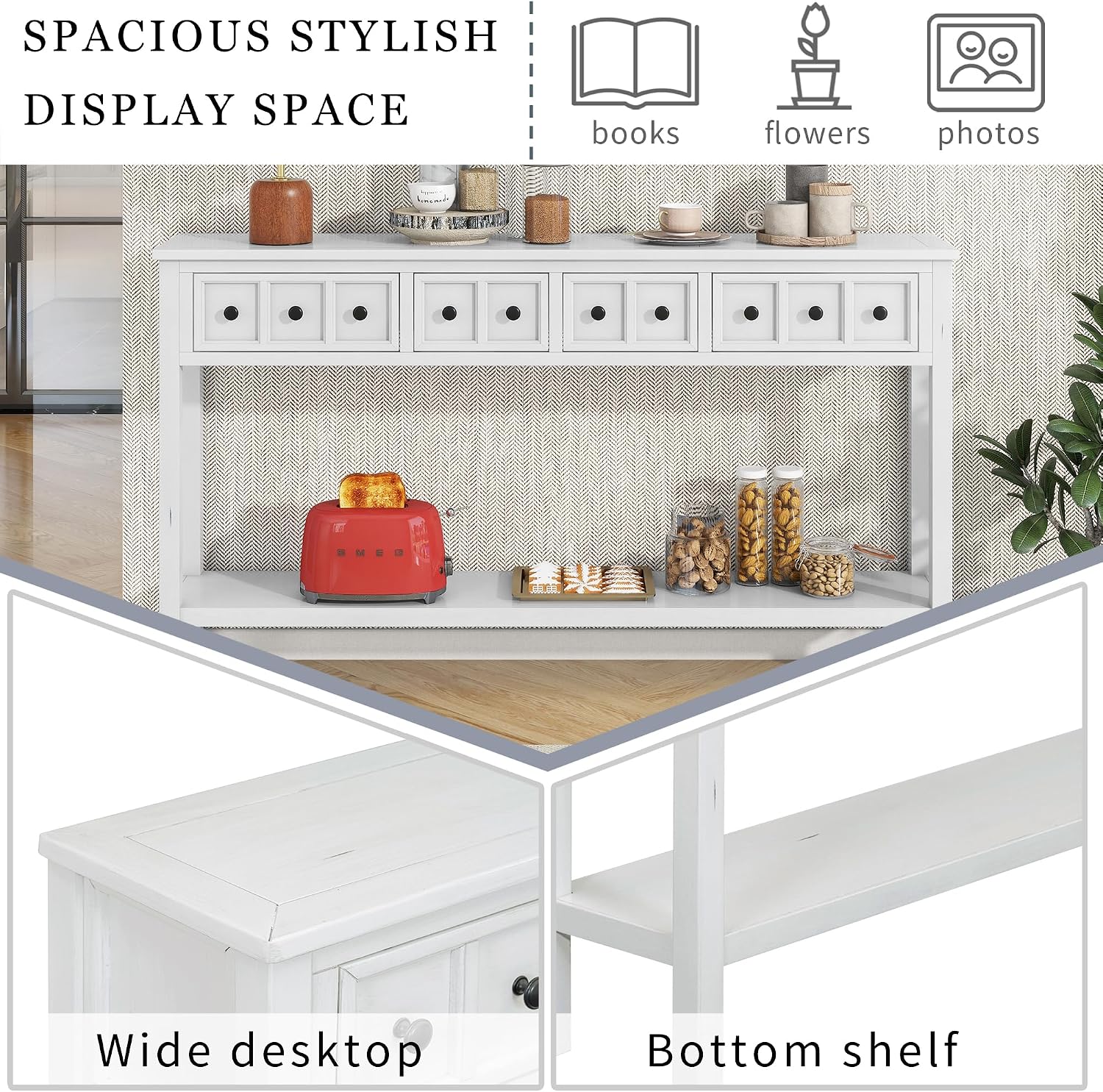Merax Farmhouse Entryway Console Table with Storage Drawers, Wood Sofa Table Behind Couch with Shelf, for Hallway Foyer, Antique White