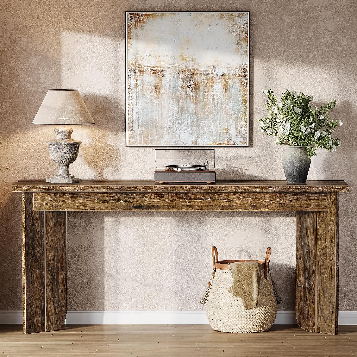 Tribesigns Farmhouse Console Table, 70.9-Inch Extra Long Console Table, Wood Sofa Table Behind Couch with Widened Tabletop & Sturdy Double Pedestal for Living Room, Hallway, Foyer (Rustic Brown)