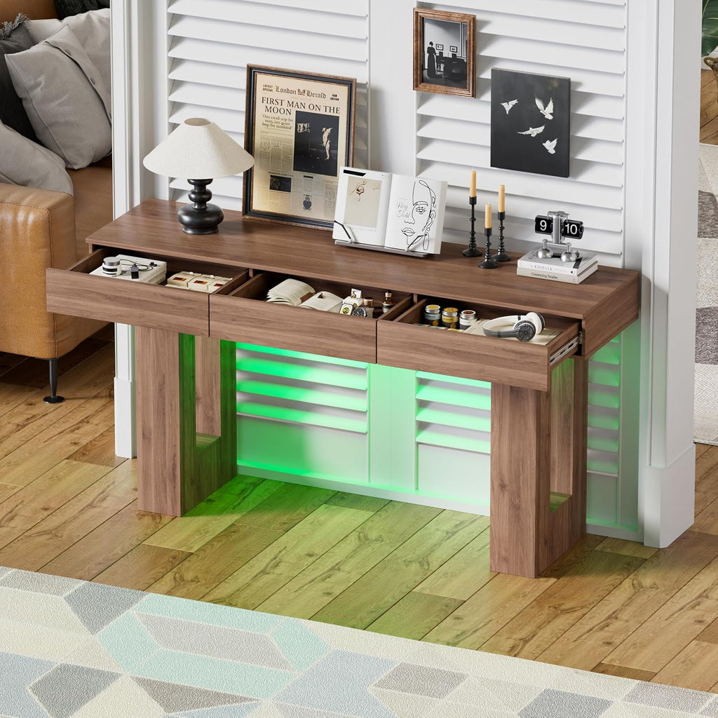 PAKASEPT 63-Inch Long Console Table with Colorful LED Lights and 3 Drawers, Wooden Rectangular Sofa Table Behind The Couch, Farmhouse Entryway Table for Entrance, Hallway, Living Room