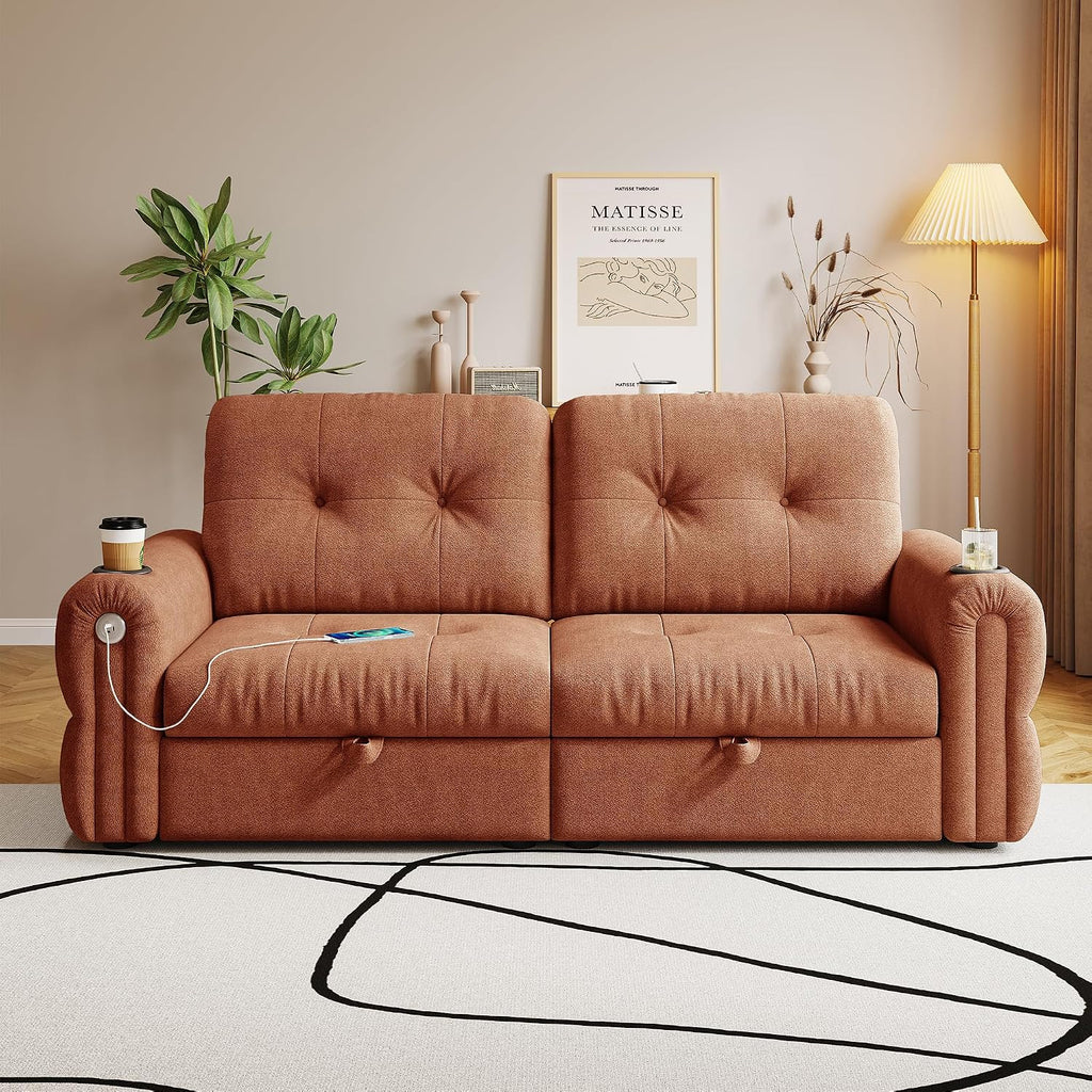 77' Queen Size Sofa Bed, Loveseat Sleeper Sofa with Pull Out Bed and USB, 2 Seater Convertible Small Couch for Living Room Bedroom Apartment (Orange, Chenille)