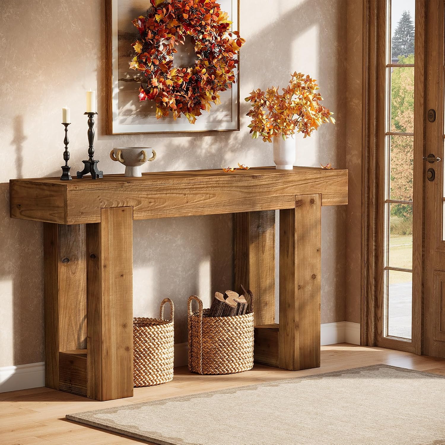Tribesigns 55-Inch Long Console Table, Solid Wood Rectangular Sofa Table Behind The Couch, Farmhouse Entryway Table for Entrance, Hallway, Living Room (Solid Wood, Warm Brown)