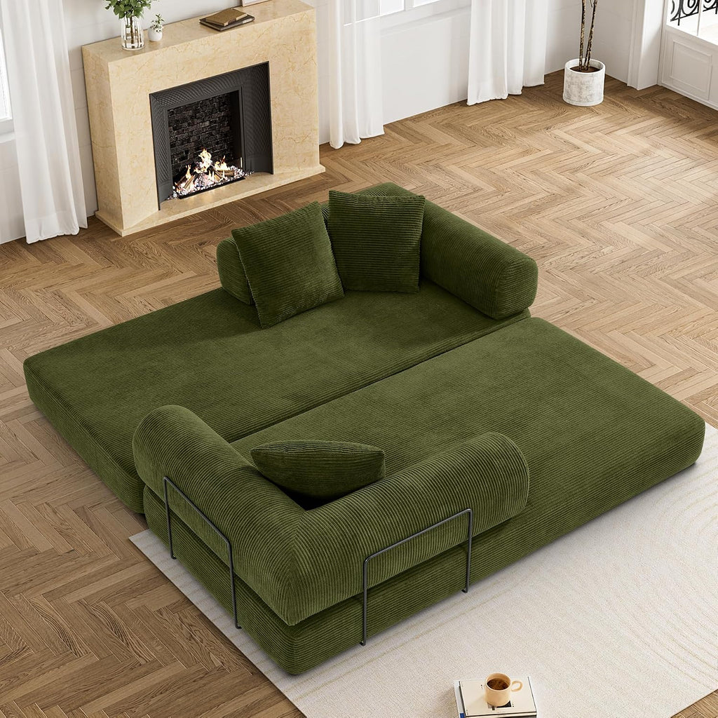 DAMAIFROM Convertible Sleeper Sofa Bed with Cylindrical Pillow,Corduroy Folding Mattress Couch with Fixed-Shape Frame,Modular Floor Sofa Lounge Couch for Living Room Bedroom Lounge,80',Olive Green