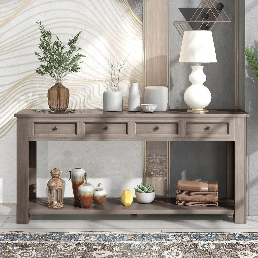 GDFStudio Farmhouse Console Table with 4 Drawer 63' Long Rustic Entryway Table with Open Storage Shelves Vintage Metal Handle Narrow Foyer Sofa Tables for Living Room Entryway Hallway, Gray Wash