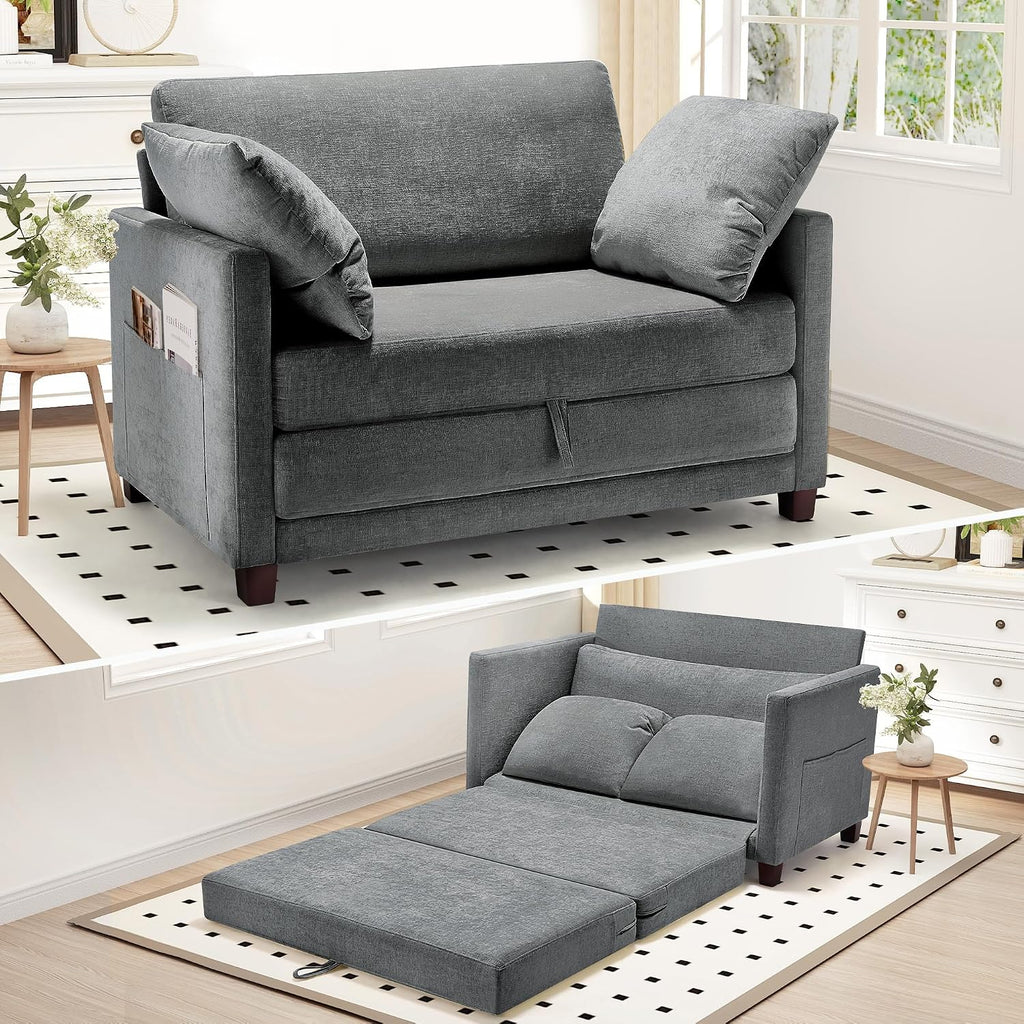 Myroyalsit 51' Convertible Sofa Bed, 2 in1 Folding Sofa Bed, Loveseat Sleeper Sofa for Small Spaces, Fold Out Floor Couch with 2 Pillows for Apartment, Living Room & Guest Room, Grey Chenille Fabric