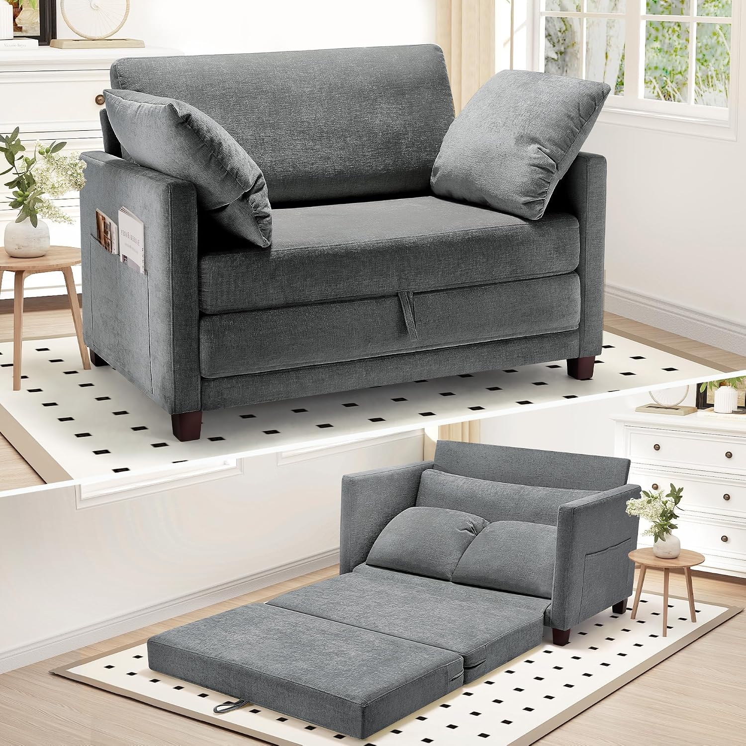 Myroyalsit 51' Convertible Sofa Bed, 2 in1 Folding Sofa Bed, Loveseat Sleeper Sofa for Small Spaces, Fold Out Floor Couch with 2 Pillows for Apartment, Living Room & Guest Room, Grey Chenille Fabric