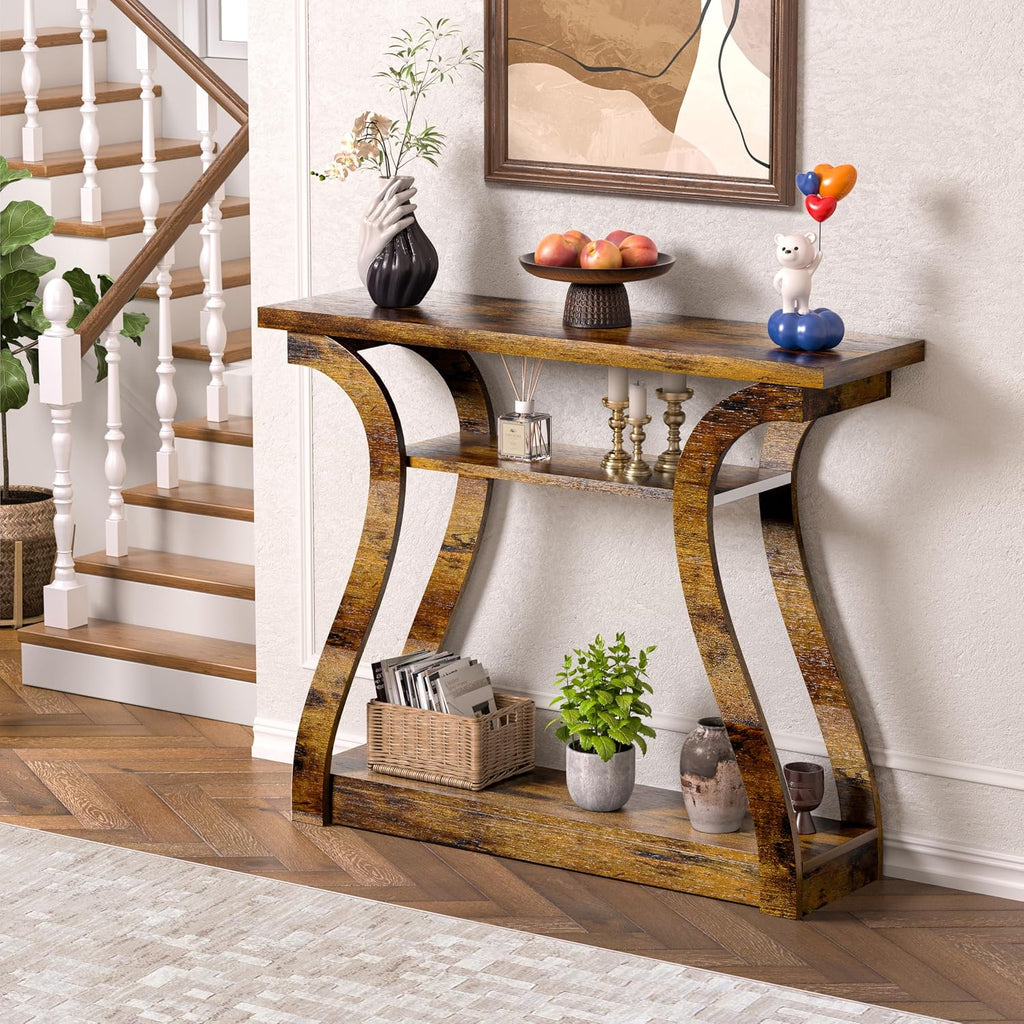 Wooden Console Table with Curved Legs and Shelf, 3-Tier Modern Accent Narrow Sofa Table for Entrance Area, Living Room, Hallway, 47 in Wide Wood Console Table for Entryway (Retro)