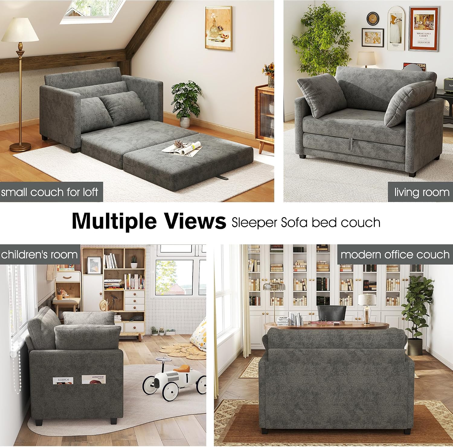 51' Loveseat Sleeper Sofa Bed, Chenille Convertible Floor Sofa Bed for Small Spaces, Folding Couch Bed with Deep Seat, 2 Pillows & Solid Frame, Pull Out Floor Couch for Living Room, Grey
