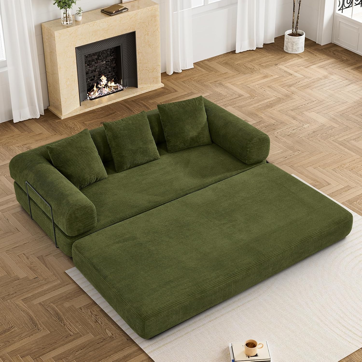 DAMAIFROM Convertible Sleeper Sofa Bed with Cylindrical Pillow,Corduroy Folding Mattress Couch with Fixed-Shape Frame,Modular Floor Sofa Lounge Couch for Living Room Bedroom Lounge,80',Olive Green