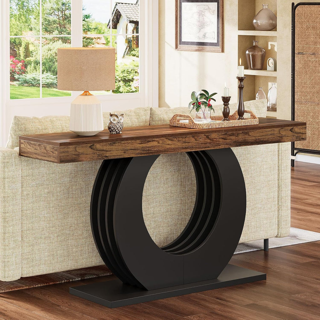 Tribesigns 63-Inch Console Sofa Table, Rustic Industrial Farmhouse Entryway Table, Narrow Long Couch Console Behind Sofa with Black Circle Base for Living Room Hallway, Rustic Brown