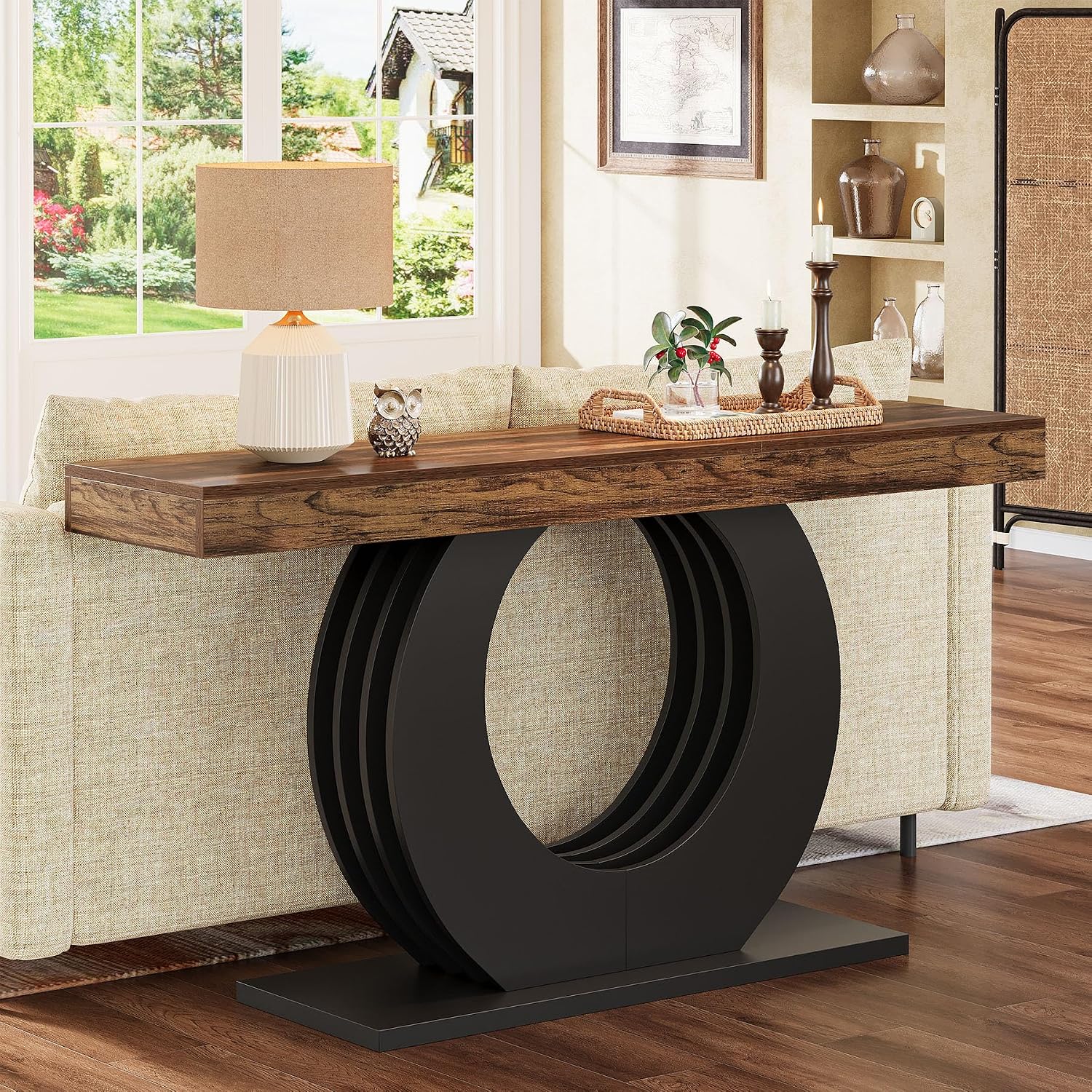 Tribesigns 63-Inch Console Sofa Table, Rustic Industrial Farmhouse Entryway Table, Narrow Long Couch Console Behind Sofa with Black Circle Base for Living Room Hallway, Rustic Brown