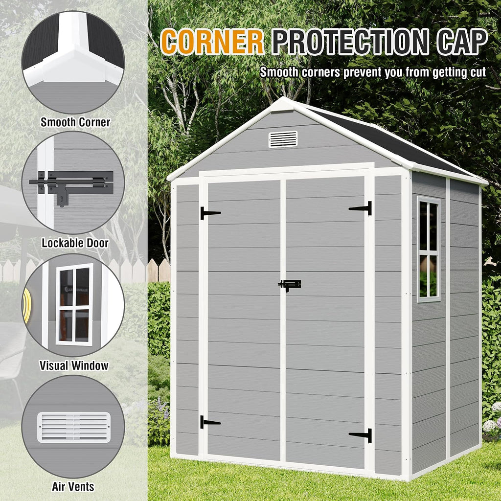 YOPTO 6x5 FT Resin Outdoor Storage Shed with Floor, All-Weather Plastic Shed with Lockable Doors, Window & Vents, Utility Plastic Tool Shed Storage House for Backyard, Patio, Light Grey