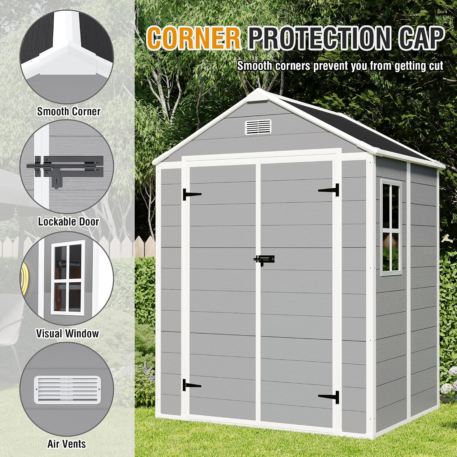 YOPTO 6x5 FT Resin Outdoor Storage Shed with Floor, All-Weather Plastic Shed with Lockable Doors, Window & Vents, Utility Plastic Tool Shed Storage House for Backyard, Patio, Light Grey