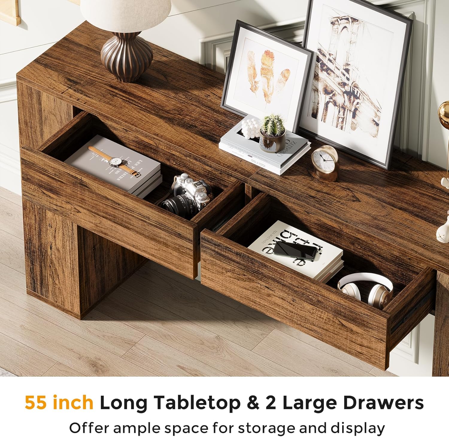 Farmhouse Console Table with LED Light and 2 Drawers, 55 inch Long Sofa Table Behind Couch, Narrow Entry Table for Entryway, Hallway, Entrance, Living Room (Rustic Brown)