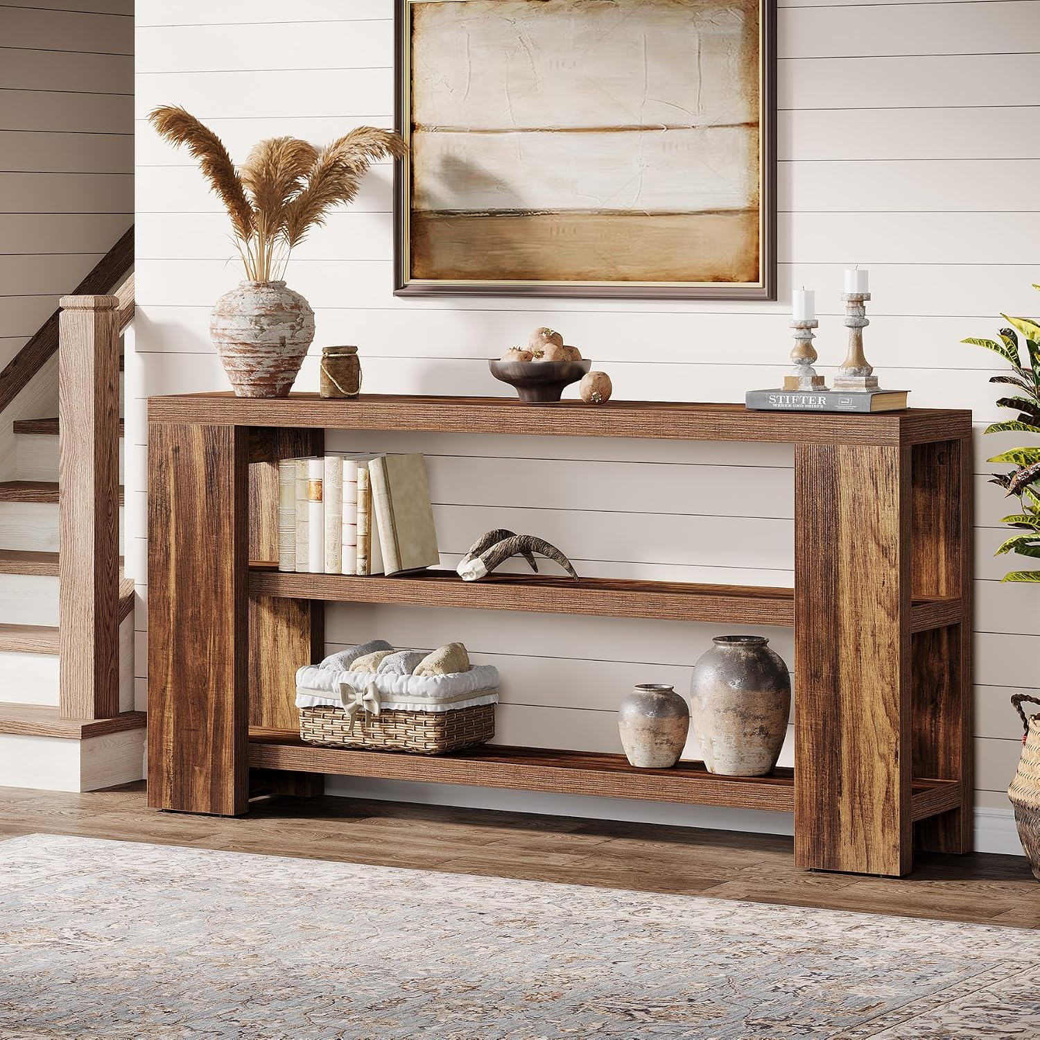 Tribesigns 70.9-Inch Extra Long Console Table with Storage, Narrow Wooden Sofa Table Behind The Couch, Farmhouse 3-Tier Entry Foyer Table for Entryway, Living Room, Hallway, Brown