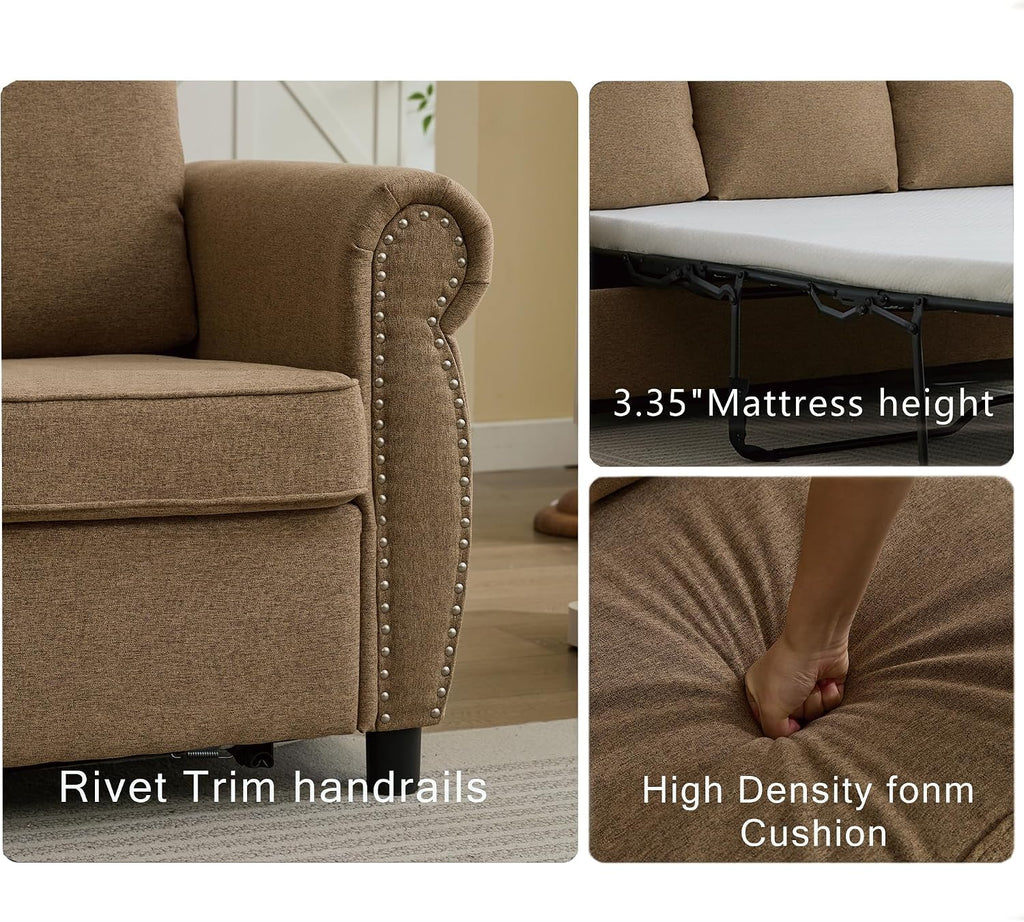 Sleeper Sofa Bed Full Size, Pull Out Couch with Mattress, 81.5'' 3 Seater Upholstery Sectional Couches, Modern Linen Convertible Sofa, Living Room Furniture for Small Spaces, Apartment, Brown | Memory Foam Mattress