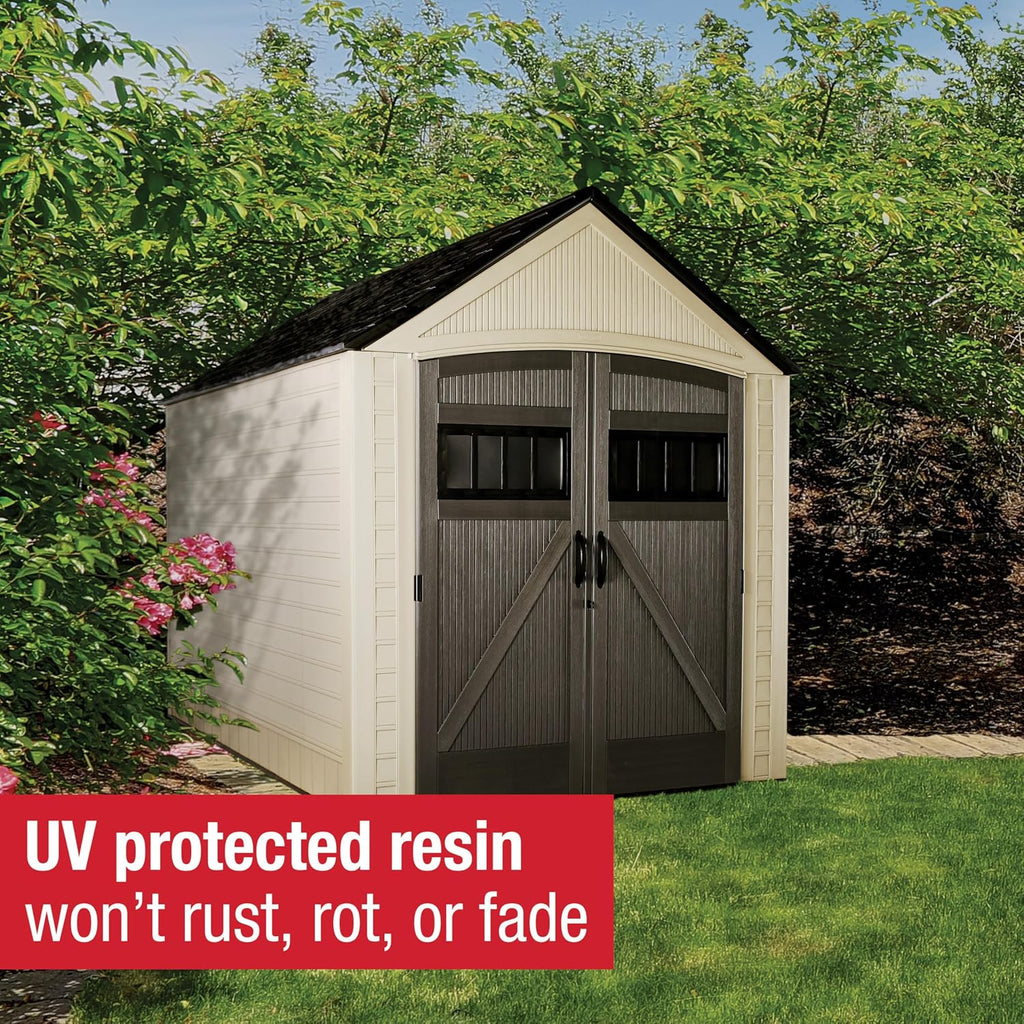 Rubbermaid Resin Outdoor Storage Shed With Floor (7 x 10.5 Ft) Weather Resistant, Brown Gable, Organization for Home/Backyard/Garden Tools/Lawn Mower/Bike Storage/Pool Supplies