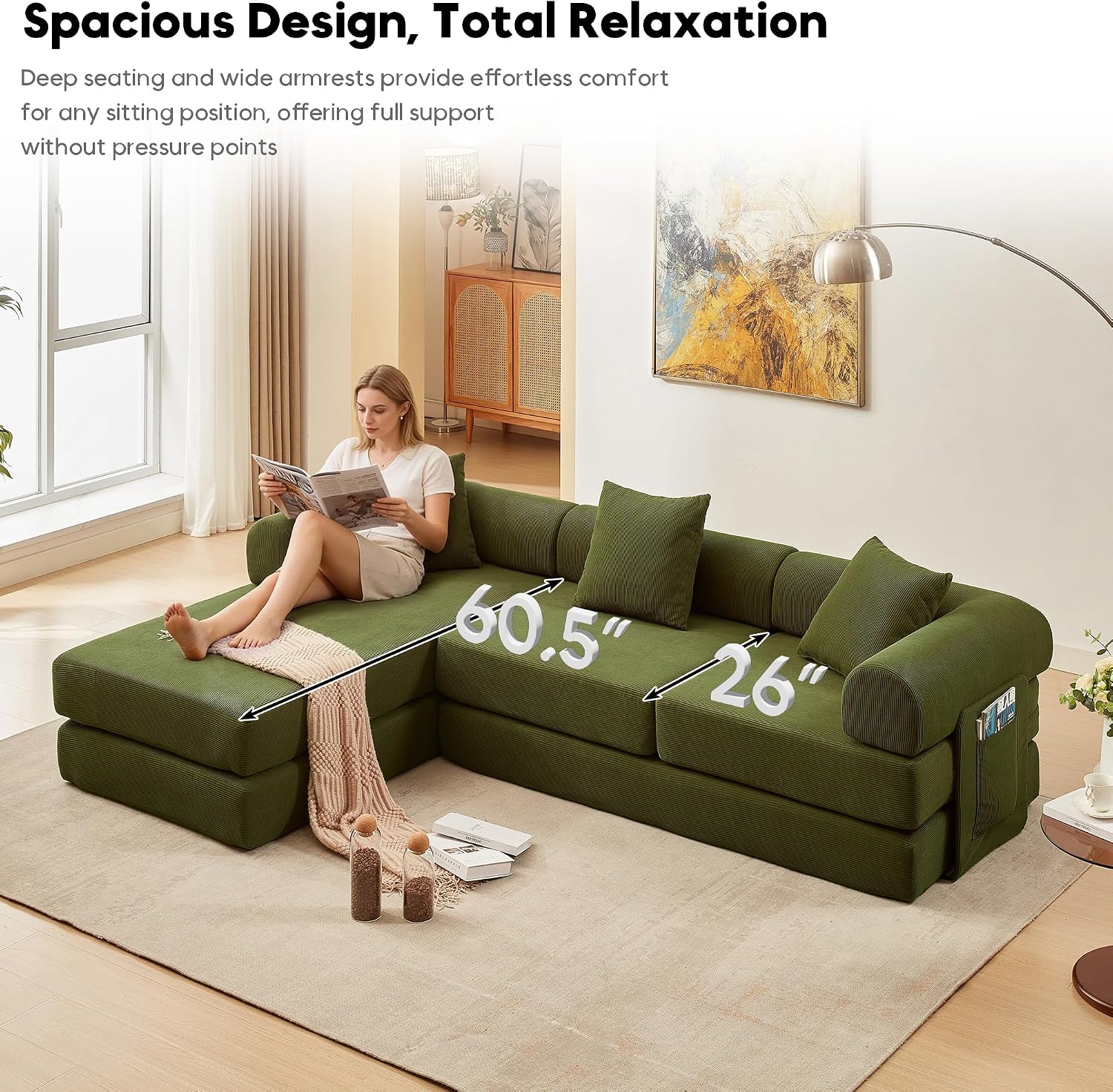 L Shaped Modular Sofa Bed with Cylindrical Pillow & Reversible Chaise, Corduroy Folding Floor Convertible Sofa Couch Bed with Fixed-Shape Frame & Storage Pocket for Living Room, Green