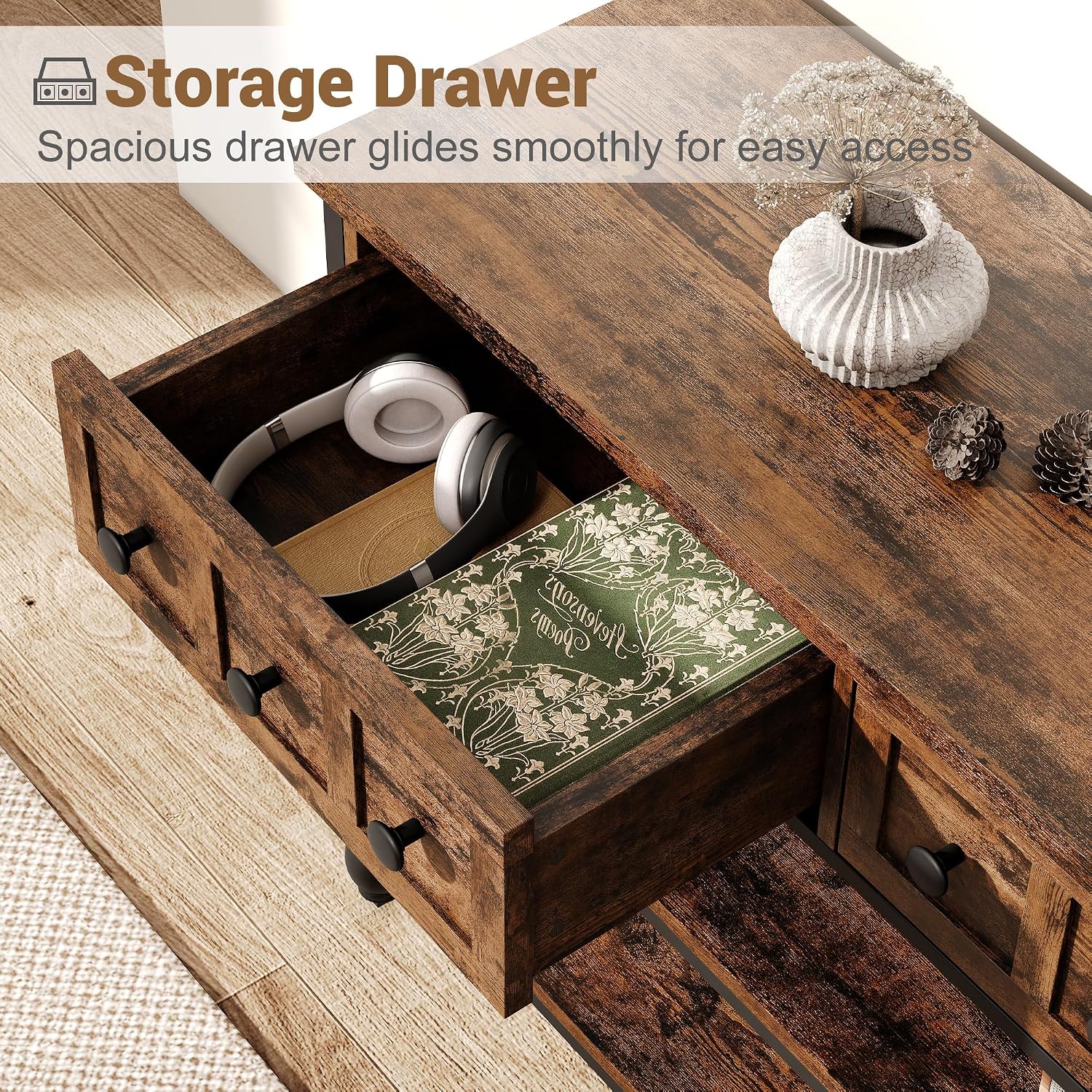 Garvee Console Sofa Table 53 in, Entryway Table with 3 Drawers, 3 Tier Metal Sofa Table, Open Shelf Behind Couch Table for Hallway, Living Room, Roman Column Design, Rustic Brown