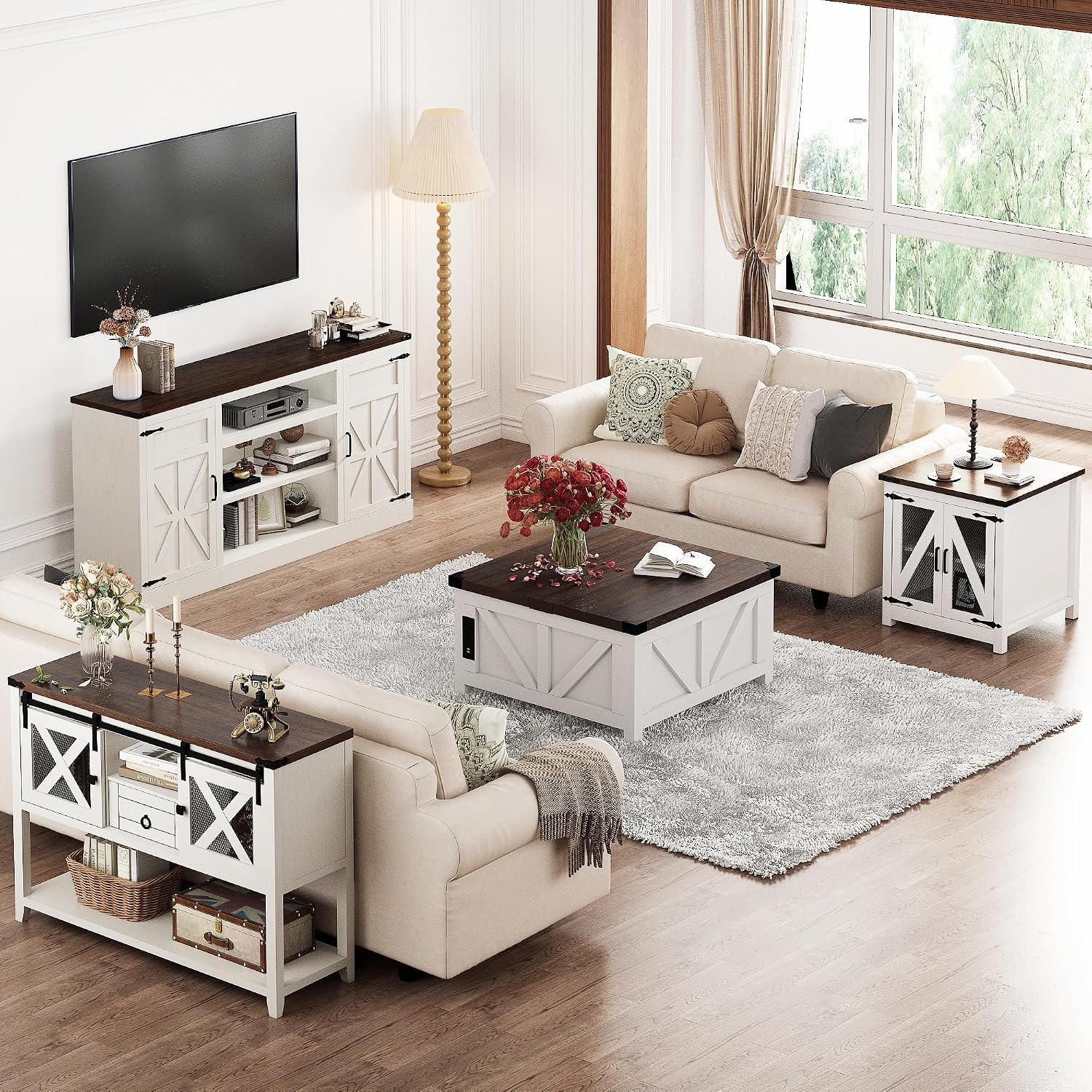 Hlivelood Farmhouse Entryway Table with 2 Sliding Barn Doors & Drawer, 46'' Rustic Console Table with Storage, Open Shelf Space, Industrial Sofa Table for Living Room, Entryway, Hallway, Vintage White