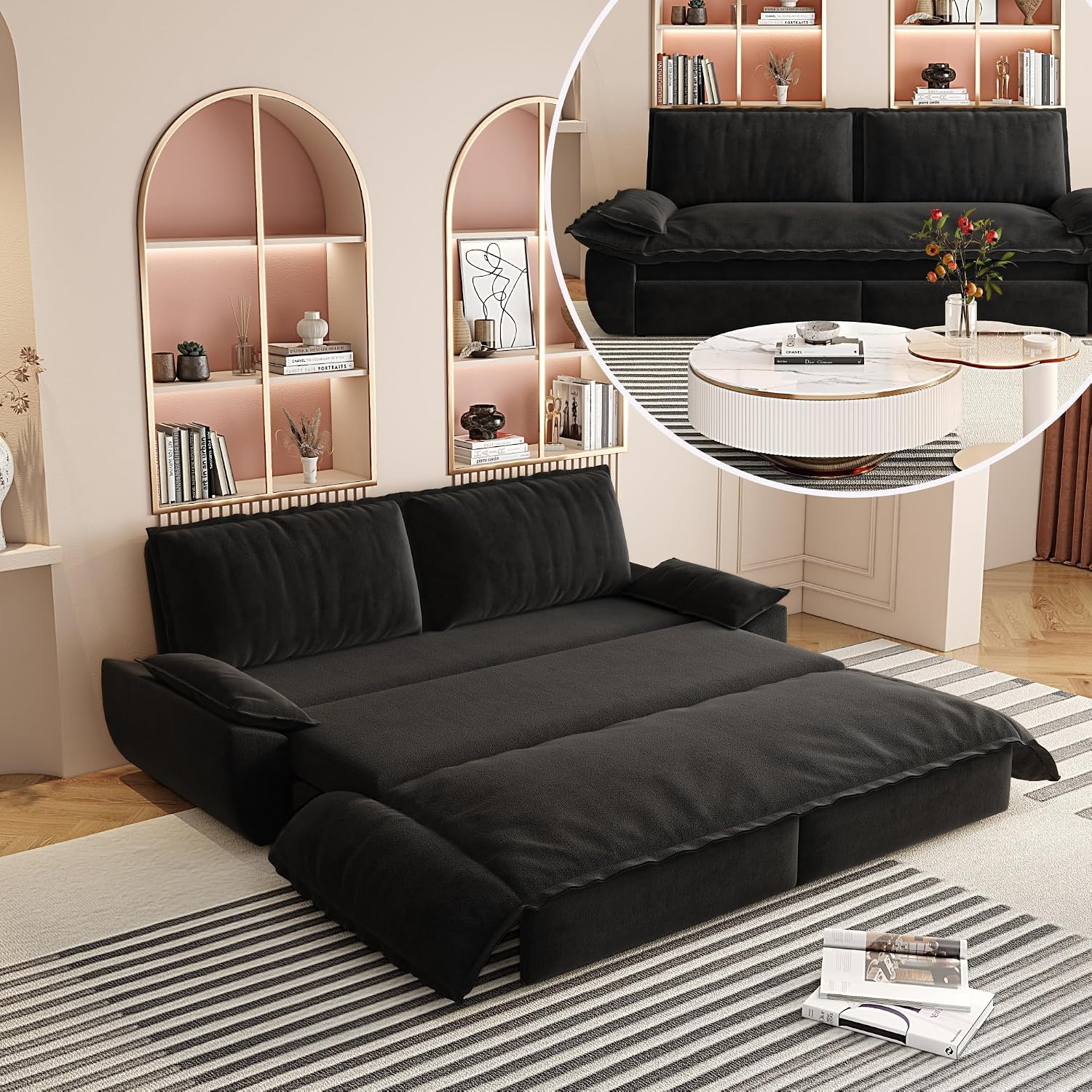 73.2'' Velvet Queen Size Sofa Bed, Loveseat 3-in-1 Convertible Sleeper Sofa Couch, Pull Out Sofabed, Space Saving, Black