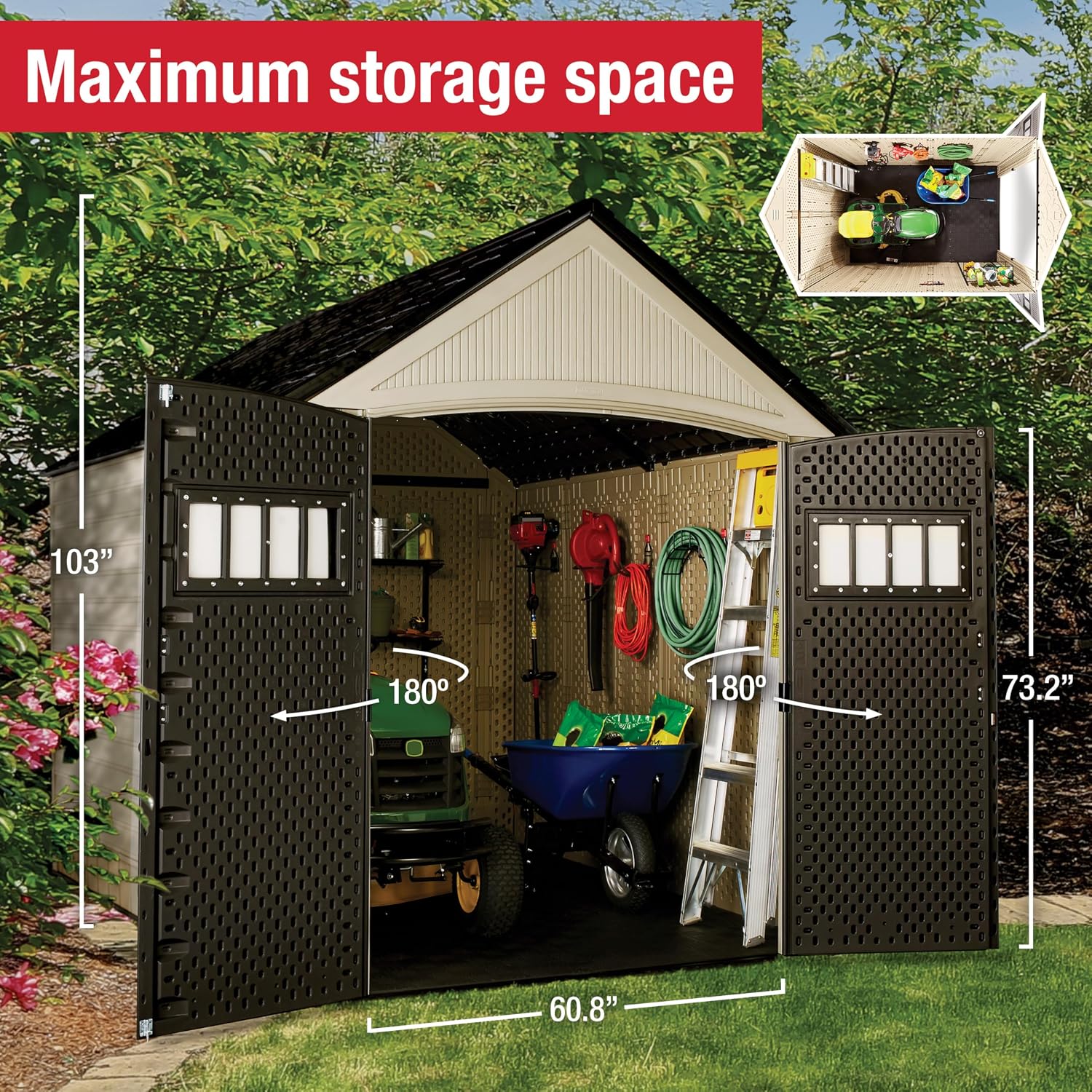 Rubbermaid Resin Outdoor Storage Shed With Floor (7 x 10.5 Ft) Weather Resistant, Brown Gable, Organization for Home/Backyard/Garden Tools/Lawn Mower/Bike Storage/Pool Supplies