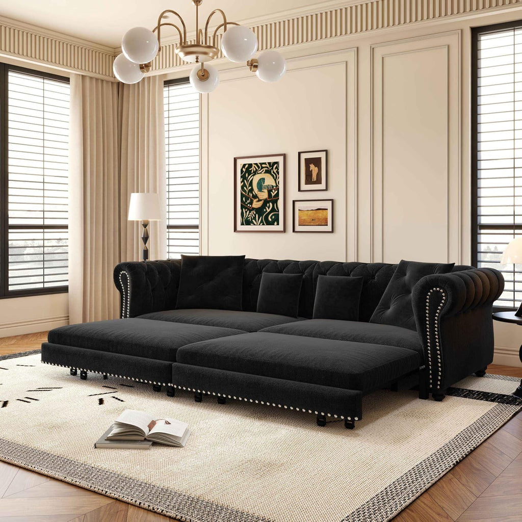 89'' Pull Out Sofa Bed King, Chesterfield Velvet Sleeper Sofa, Convertible L-Shaped Futon Couch, Tufted Back, 4 Pillows, Ottoman, Deep Seat Loveseat Couches for Apartment, Living Room, Black
