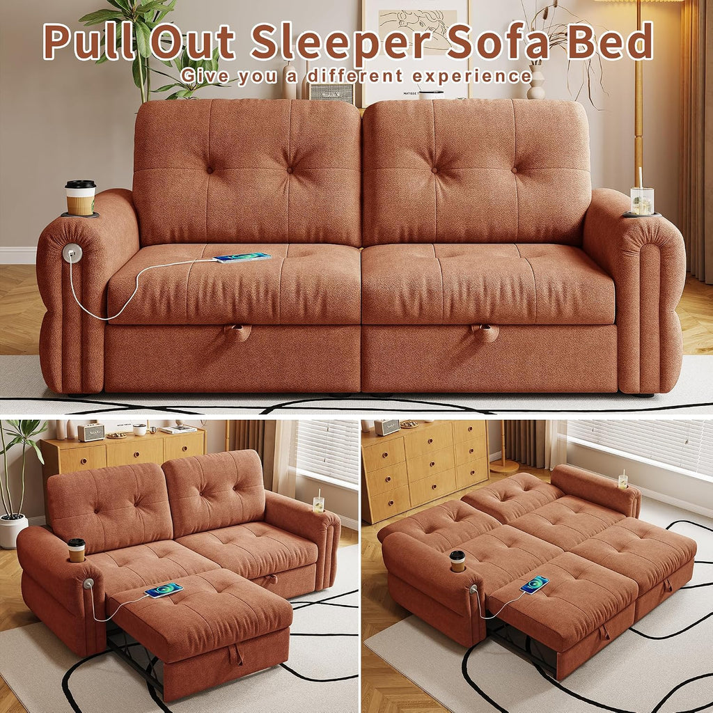 80.4' Queen Sleeper Sofa Bed, 3 in 1 Convertible Pull Out Couch with USB Ports & Cup Holders, Modern Chenille Loveseat Sofabed with Adjustable Backrest for Living Room, Bedroom, Apartment