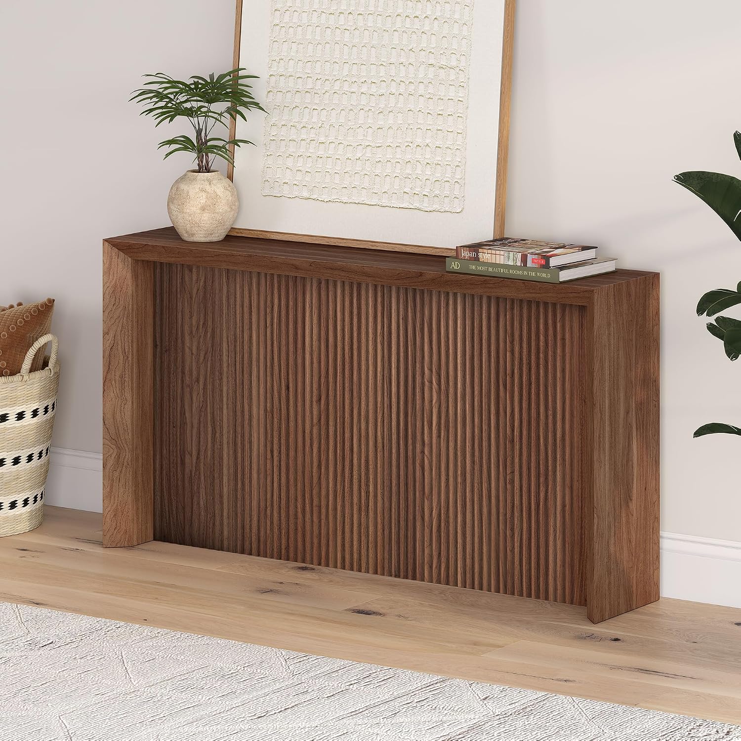 Henn&Hart 56' Fluted Wooden Rectangular Console Table Ribbed Entryway Table, Sofa Table for Entryway, Living Room, Couch, Hallway, or Office, Medium Walnut