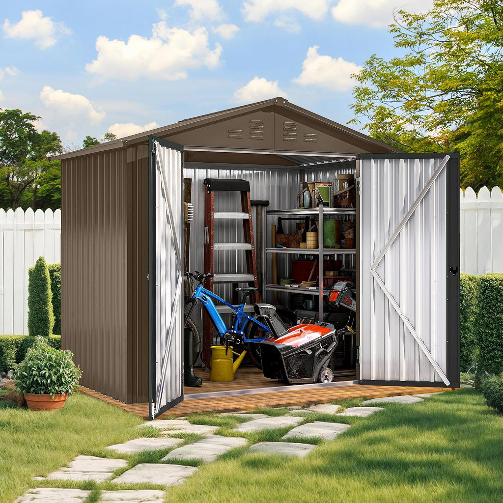 GOOBED 6x4FT Garden Storage Shed with Lockable Door and Vents, Metal Outdoor Tool Shed for Patio Lawn, and Backyard, Ideal for Storing Bikes, Trash Bins, Tools and Equipment, Brown