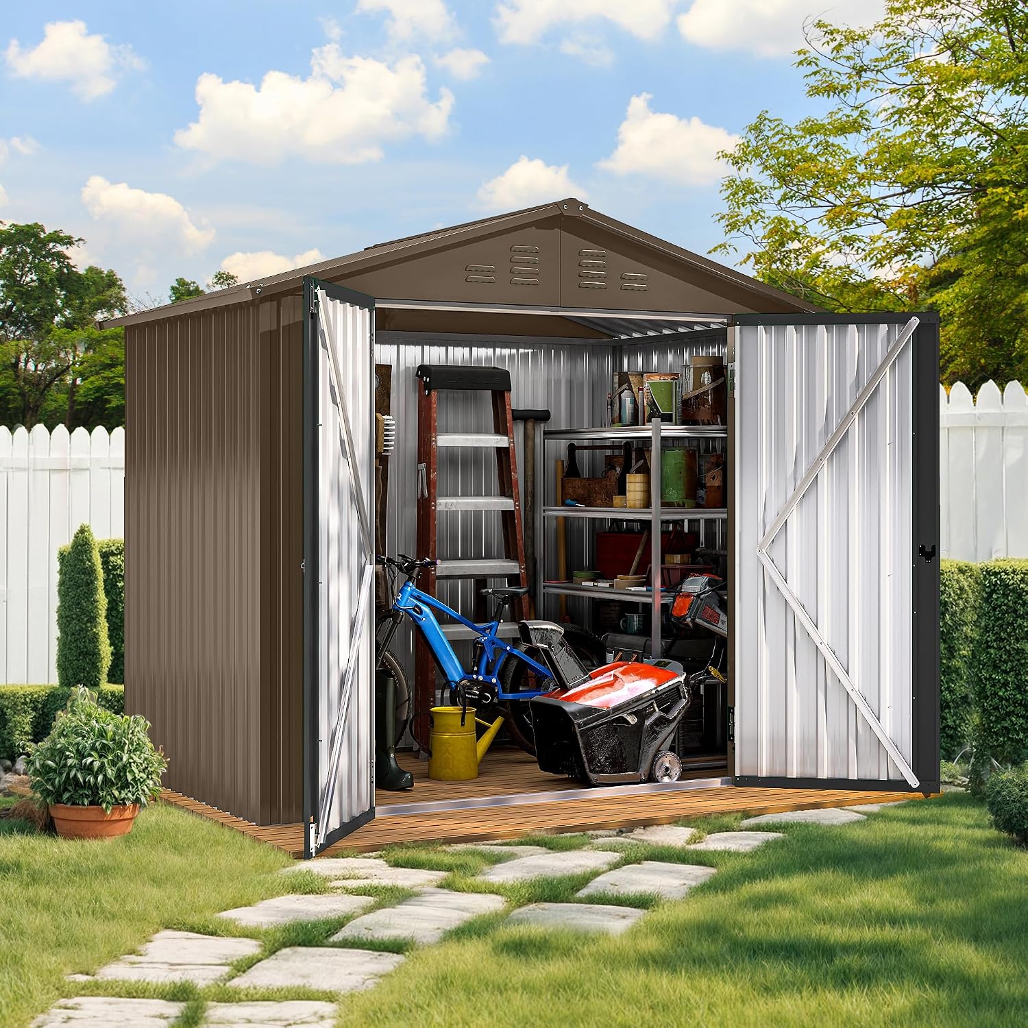 GOOBED 6x4FT Garden Storage Shed with Lockable Door and Vents, Metal Outdoor Tool Shed for Patio Lawn, and Backyard, Ideal for Storing Bikes, Trash Bins, Tools and Equipment, Brown