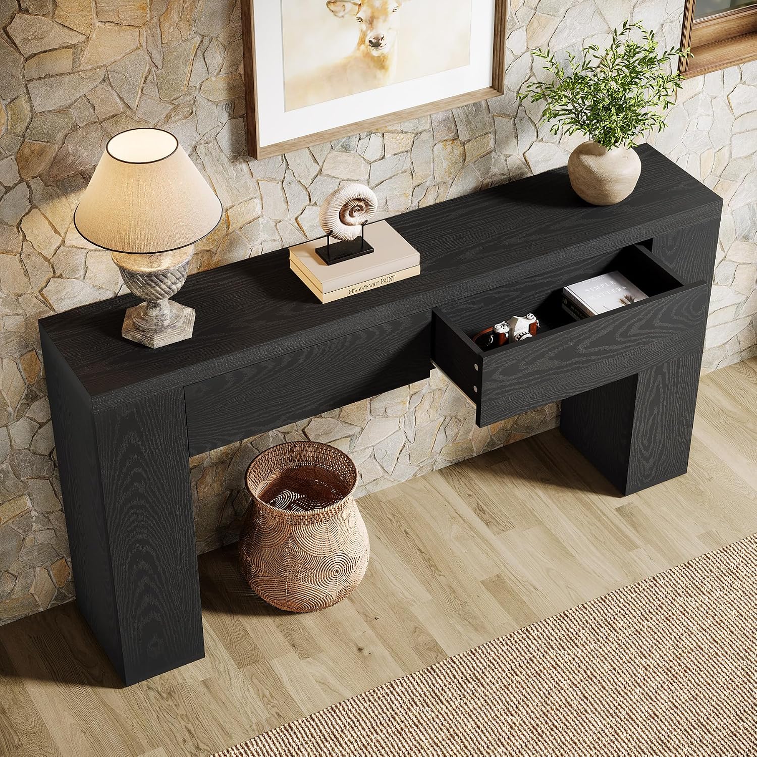 Tribesigns 63-Inch Wooden Foyer Table with with 2 Hidden Drawers, Farmhouse Console Table for Living Room, Hallway, Entrance, Easy Assembly (Black)