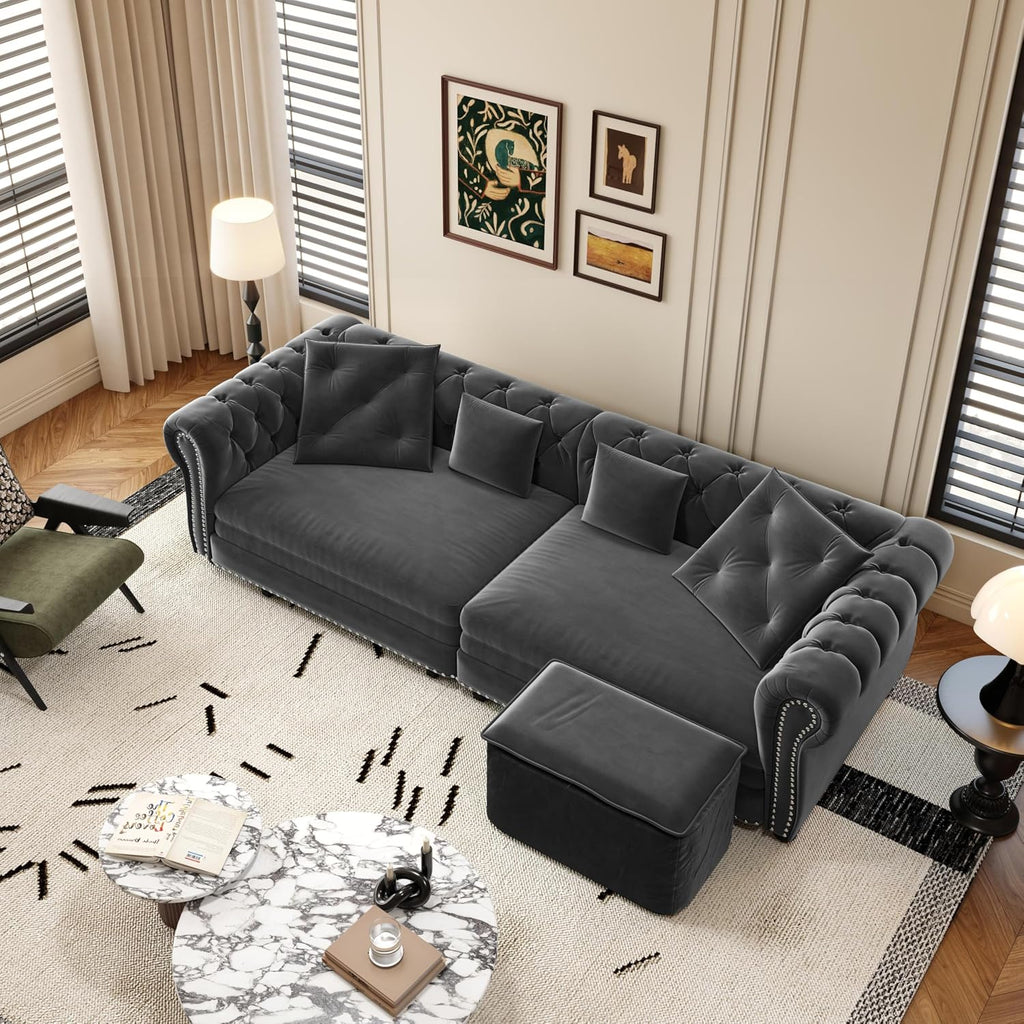 KEIKI 89' W 3-in-1 Pull-Out Convertible Chesterfield Sofa Bed, King Size Velvet Tufted Couch with Movable Ottoman, Chaise Lounge, 3-Seater for Living Room, Bedroom, Office, Gray