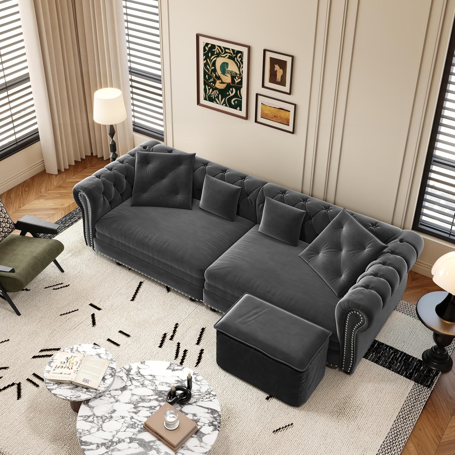 KEIKI 89' W 3-in-1 Pull-Out Convertible Chesterfield Sofa Bed, King Size Velvet Tufted Couch with Movable Ottoman, Chaise Lounge, 3-Seater for Living Room, Bedroom, Office, Gray