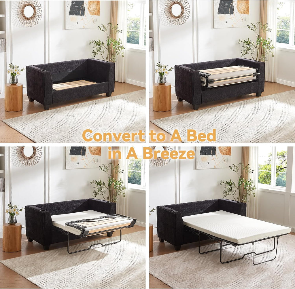 Brelice 65' Pull Out Sofa Bed, Sleeper Sofa Couch, 2-in-1 Convertible Chenille Loveseat with USB Charging Ports and Memory Foam Mattress, Full Size Pullout Bed for Living Room, Apartment or Office