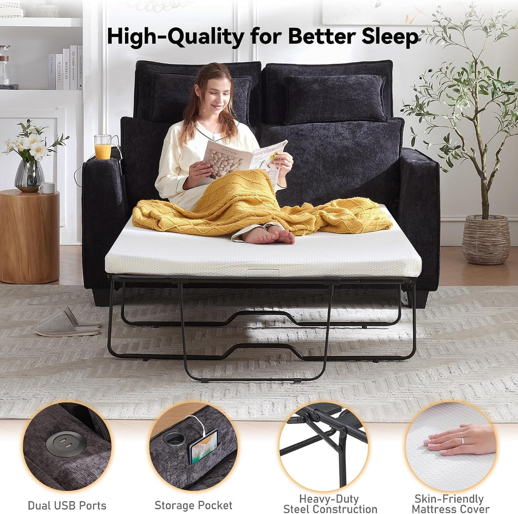 Brelice 65' Pull Out Sofa Bed, Sleeper Sofa Couch, 2-in-1 Convertible Chenille Loveseat with USB Charging Ports and Memory Foam Mattress, Full Size Pullout Bed for Living Room, Apartment or Office