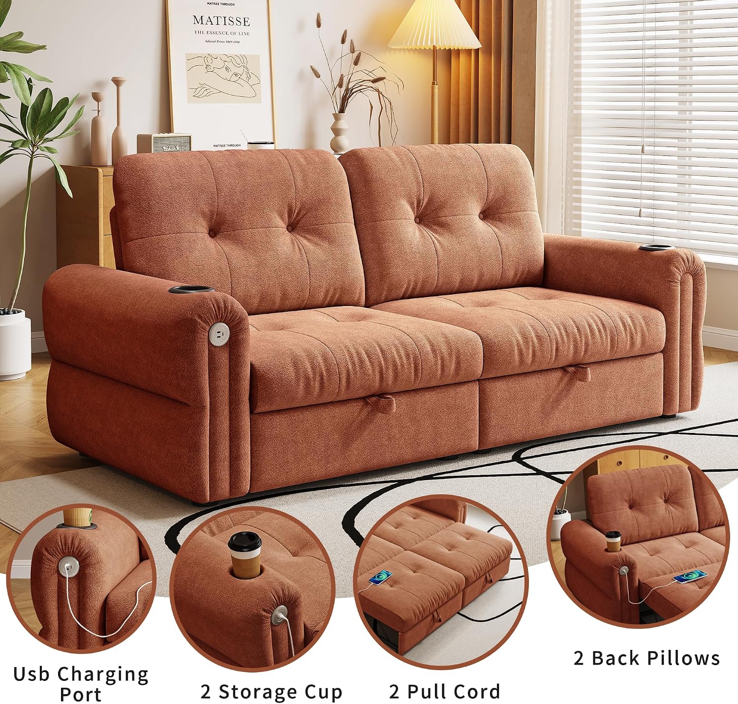 77' Queen Size Sofa Bed, Loveseat Sleeper Sofa with Pull Out Bed and USB, 2 Seater Convertible Small Couch for Living Room Bedroom Apartment (Orange, Chenille)