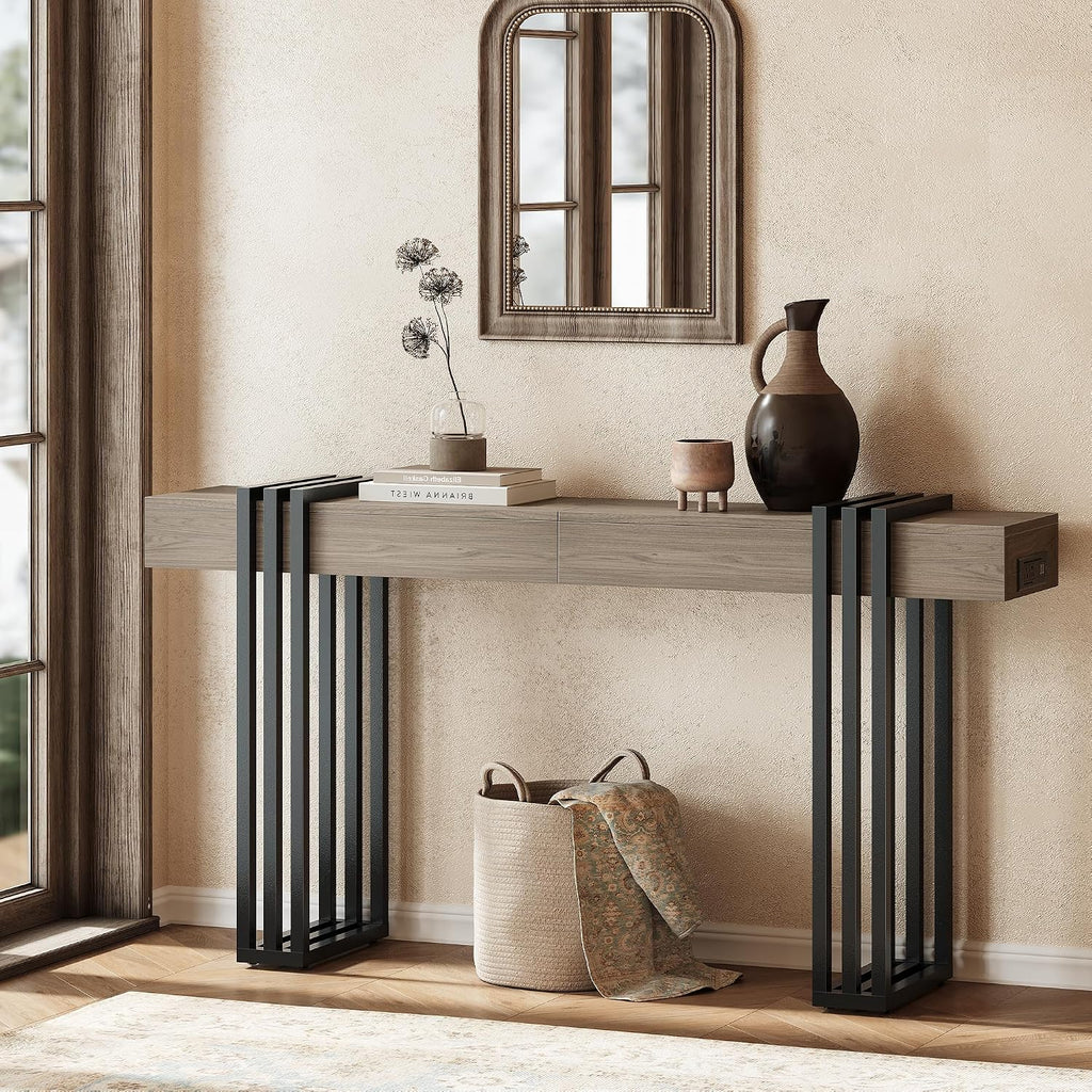 63' Long Console Table for Entryway - Behind Couch Table for Living Room, Wood Sofa Tables with Black Parallel Metal Frame & Power Outlet for Hallway, Entrance, Narrow Foyer, Light Walnut