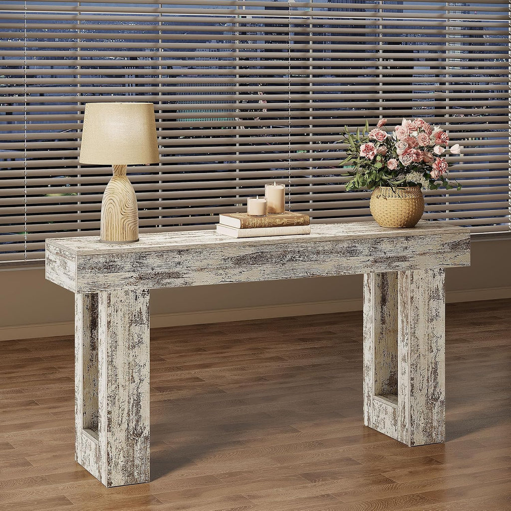 Tribesigns 63-Inch Long Console Table, Wooden Rectangular Sofa Table Behind The Couch, Farmhouse Entryway Table for Entrance, Hallway, Living Room (Distressed White)