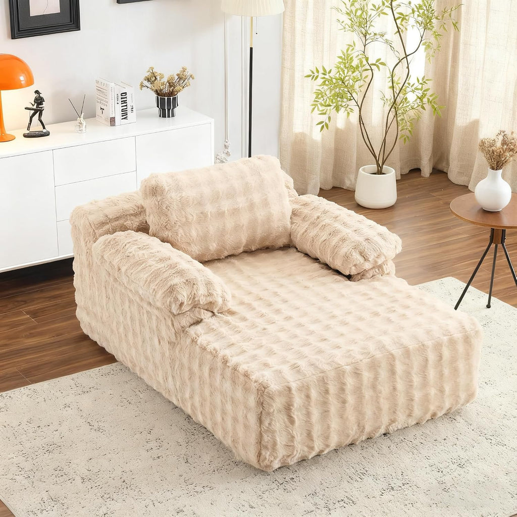 VINGLI Boneless Chaise Lounge Chair, Light Brown Oversized Reading Chair Upholstered Bubble Fleece Cloud Couch Sofa Recliner Bed Comfy Sleeper Sofa for Living Room, Movie Room, Bedroom
