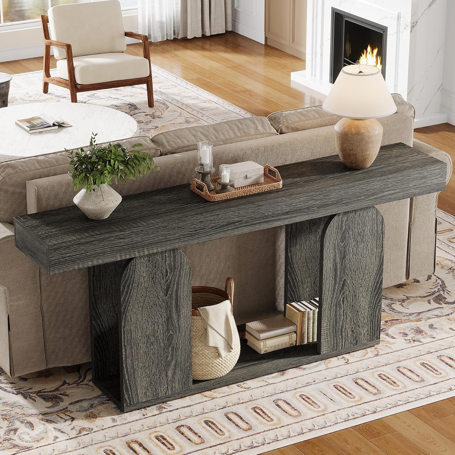 Tribesigns Farmhouse Wood Console Table, 70.9-Inch Entryway Accent Table with U-Shaped Base, 2-Tier Extra Long Sofa Tables for Entrance, Hallway, Living Room (Dark Gray)