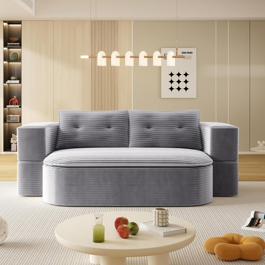 78.7' Convertible Folding Sofa Bed, Queen Sleeper Sofa with Multi Functional Blanket, Corduroy Fabric Floor & Futon Loveseat Couch, Foam Folding Mattress Sleeper for Living Room, Apartment, Light Grey
