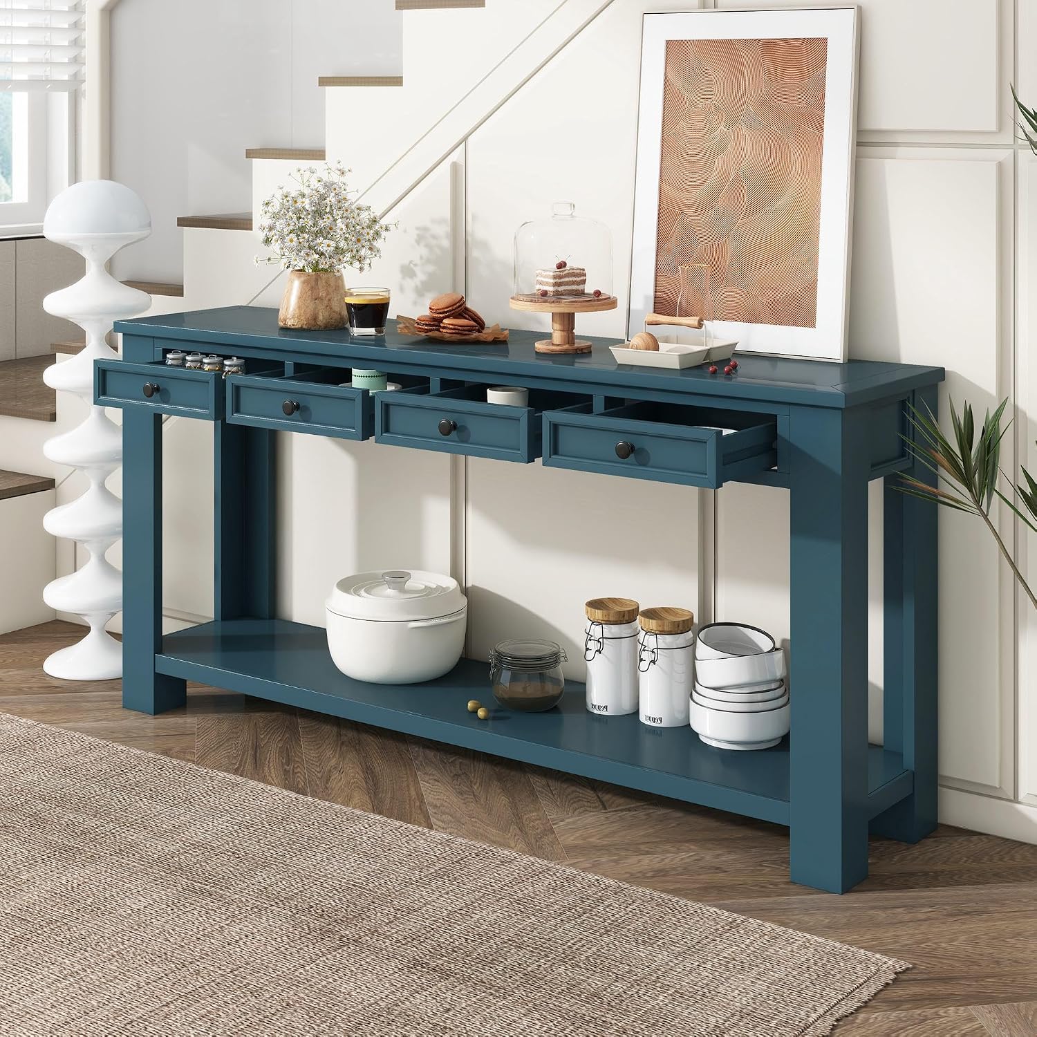 GDFStudio Farmhouse Console Table with 4 Drawer 63' Long Rustic Entryway Table with Open Storage Shelves Vintage Metal Handle Narrow Foyer Sofa Tables for Living Room Entryway Hallway, Dark Blue