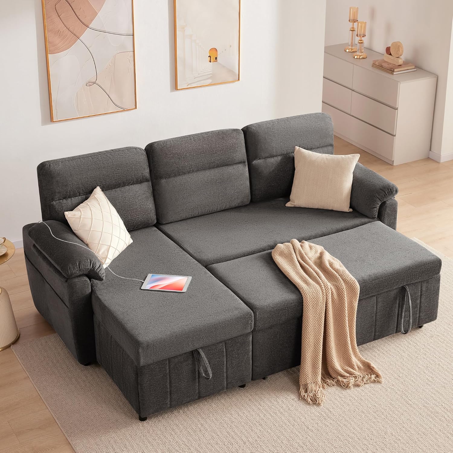 Tbfit 84'' Pull Out Sofa, 3 in 1 Sleeper Sofa Couch with USB & Storage Chaise, Cloud Sofa Bed with Pull Out Bed, Chenille Convertible Sleeper Sofas for Living Room, Small Spaces, Dark Gray