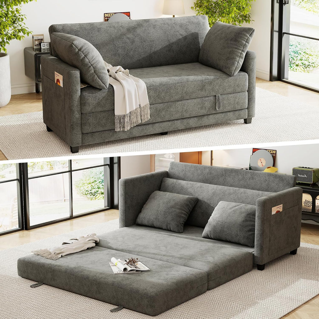 65' Loveseat Sleeper Sofa Bed, Chenille Convertible Floor Sofa Bed for Small Spaces, Folding Couch Bed with Deep Seat, 2 Pillows & Solid Frame, Pull Out Floor Couch for Living Room, Grey