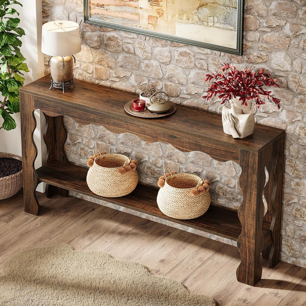 Tribesigns 63 Inch Entryway Table, Modern Rustic Entry Table with Scalloped Edge & Storage Shelf, Accent Narrow Long Sofa Table Behind Couch Console Tables for Entryway, Living Room, Dark Brown