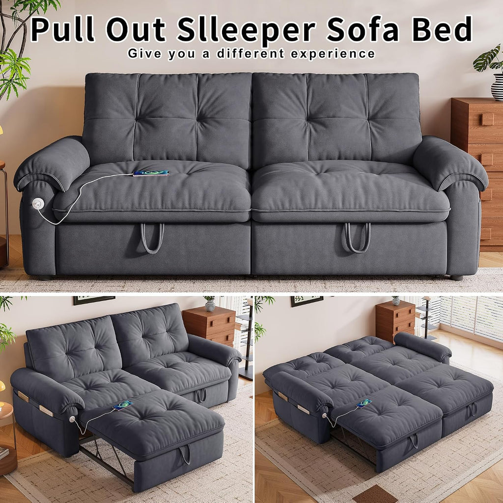 77' King Size Sleeper Sofa Bed, Convertible Pull Out Couch with Velvet Fabric, 3-in-1 Loveseat L Shaped Couch Bed with Adjustable Backrest, Side Pocket & USB Ports for Living Room Apartment