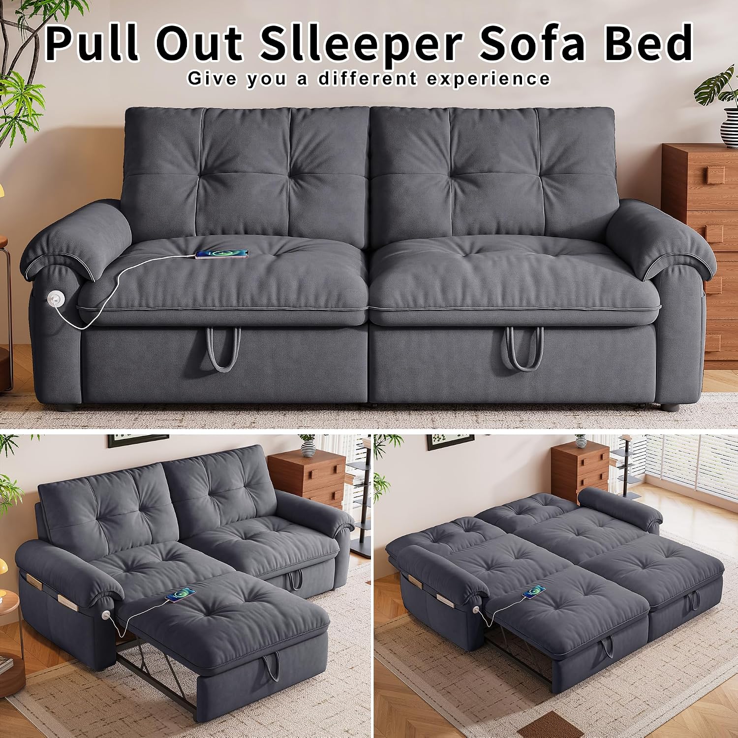 77' King Size Sleeper Sofa Bed, Convertible Pull Out Couch with Velvet Fabric, 3-in-1 Loveseat L Shaped Couch Bed with Adjustable Backrest, Side Pocket & USB Ports for Living Room Apartment