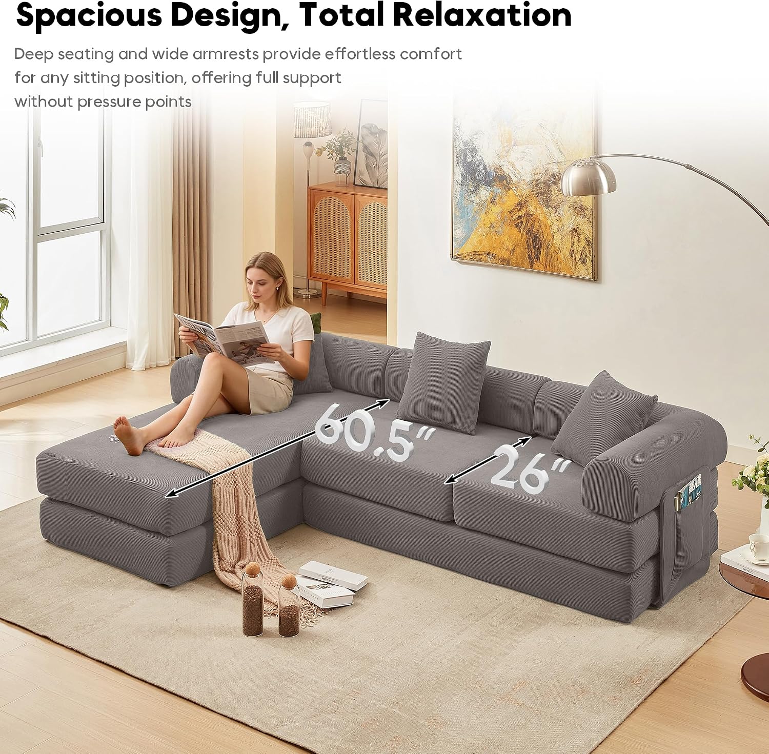 L Shaped Modular Sofa Bed with Cylindrical Pillow & Reversible Chaise, Corduroy Folding Floor Convertible Sofa Couch Bed with Fixed-Shape Frame & Storage Pocket for Living Room, Grey