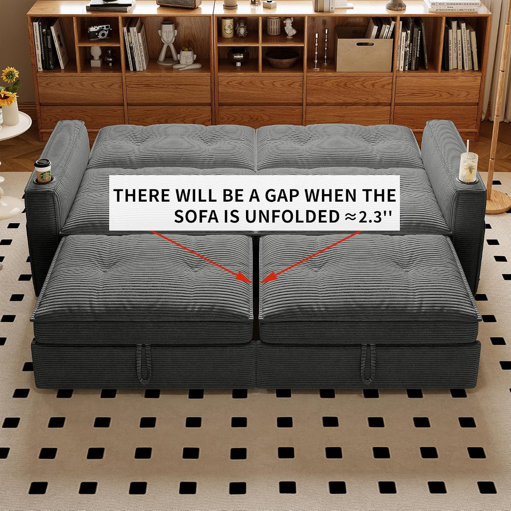 73' Queen Size Sofa Bed, Loveseat Sleeper Sofa with Pull Out Bed, Pockets and USB, Modern 2 Seater Convertible Small Couch for Living Room Bedroom Apartment (Gray, Corduroy)